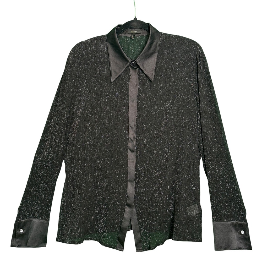 ESCADA Womens Blouse 44 Silk Metallic Black Sheer Satin Collar Cuffs